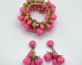 Vintage 60s Pink Tulips Bracelet and Clip On Earrings Set
