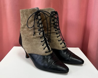 1990’s Suede and Leather Lace Up Victorian Style Boots by Zetagi — Size 7