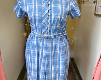Vintage Blue Plaid Collared Short Sleeve Dress by Top Creation Women’s XL