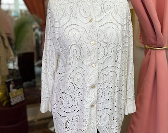 White Lace Eyelet Button Up Blouse, Women’s M-L