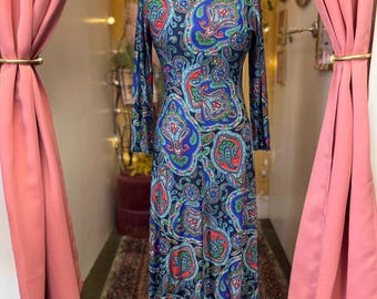 1960s Blue Paisley Print Long Sleeve Maxi Dress Women’s Medium