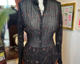 Black Embroidered Sheer Button Up Blouse by Cathaya, Women’s Small