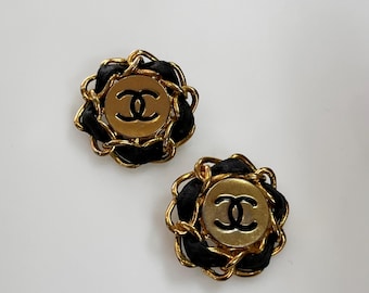 Authentic 1980s Chanel Gold Tone Leather Clip On Earrings