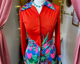 1960’s Orange Abstract Floral Design Button Up Blouse by Gottex