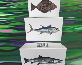 Greeting Cards - 6 Pack - 2 Coho - 2 Halibut - 2 Bluefin - 4" X 6" - Envelopes Included - Letterpress - Strathmore paper - By The Fish Mill