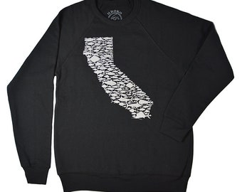 CALIFORNIA FISH LOVE - Black -  Crew Neck Sweatshirt - Salmon - Bill Fish - Sea Bass - Trout - Rock Fish - Tuna - Golden State - by uroko