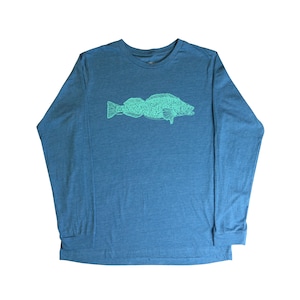 May include: A blue long-sleeve t-shirt with a green line drawing of a fish on the front.