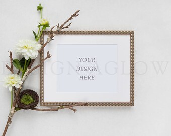 Download Free Gold Frame Mockup with Flowers PSD Template