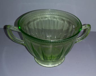 Vintage Federal Glass Green Sugar Bowl Fluted Pattern Uranium Glow