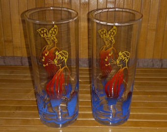 2 copos vintage Federal Swanky Swigs com estampa de beldades de praia, 15 cm de altura.