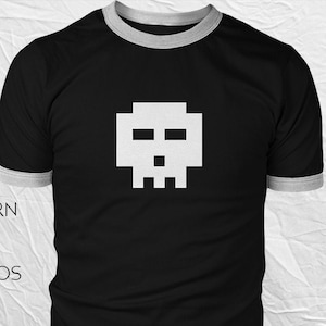 8 bit Skull Ringer T Shirt Printed Movie Replica Great for Costume or Cosplay of Scott Pilgrim Skull Shirt