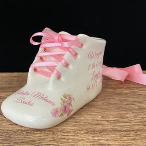 1 Personalized Handmade Antique White  Ceramic Hanging Baby Shoe Bootie Keepsake Newborn Birthday Gift