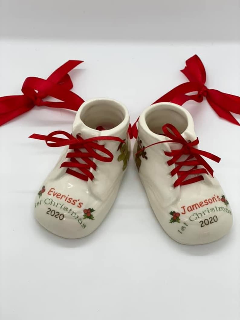 First 1st Christmas Ornament Personalized Ceramic Baby Shoe Etsy