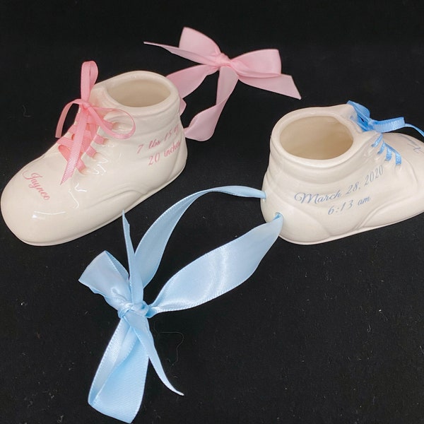1 Personalized Handmade Antique White Ceramic Hanging Baby Shoe Bootie Keepsake Newborn Birthday Gift