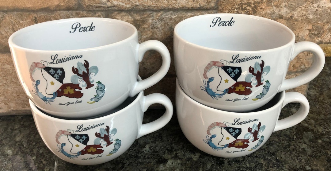 4 Piece Set Louisiana Cajun Gumbo Bowls With Handle Ceramic Porcelain