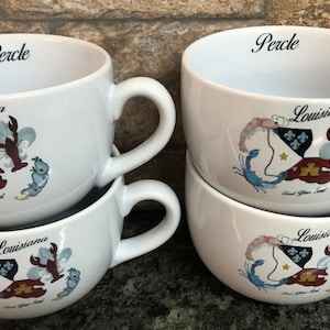 4 Piece Set Louisiana Cajun Gumbo Bowls With Handle Ceramic Porcelain Crawfish Shrimp Crab Oyster with Family name
