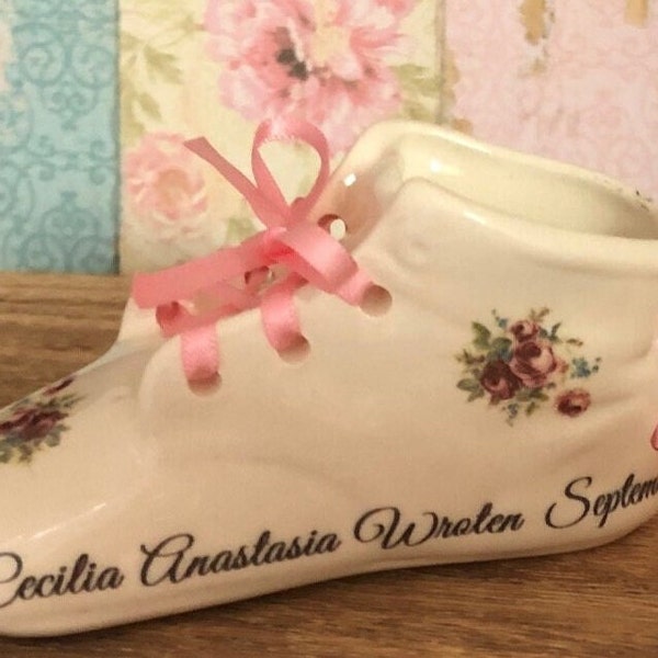 1 Small Personalized Handmade Antique White Ceramic Hanging Baby Shoe Bootie Keepsake Newborn Birth  Gift