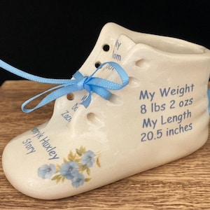 1 Personalized Handmade Antique White Ceramic Baby Shoe Bootie Keepsake Newborn Birth  Christening Gift