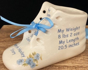 1 Personalized Handmade Antique White Ceramic Baby Shoe Bootie Keepsake Newborn Birth  Christening Gift