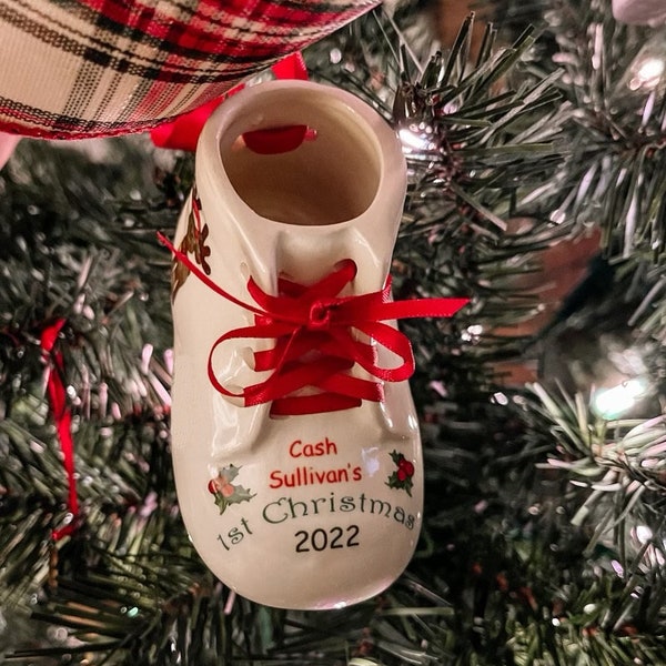 Baby's First 1st Christmas Ornament  Personalized Antique White  Ceramic Shoe Bootie Keepsake Newborn Gift