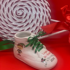 Baby&#39;s First 1st Christmas Ornament  Personalized Antique White  Ceramic Shoe Bootie Keepsake Newborn Gift