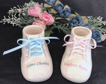 1 Personalized Antique White Ceramic Baby Shoe Bootie Keepsake Newborn Birthday Gift