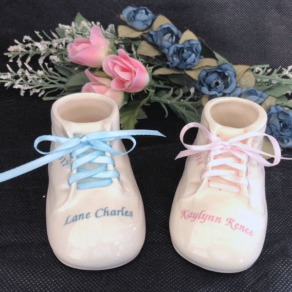 1 Personalized Antique White Ceramic Baby Shoe Bootie Keepsake Newborn Birthday Gift