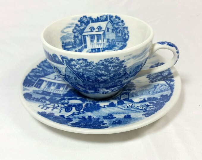 Vintage Nasco Hand Painted Homestead Japan Tea Cup and Saucer/blue and