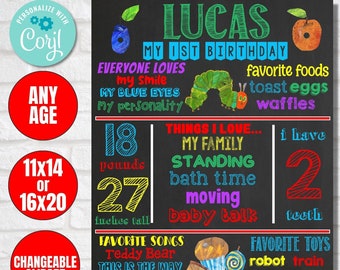 Puede incluir: Un cartel de primer cumpleaños de estilo pizarra colorido para un niño llamado Lucas. El cartel incluye detalles sobre su edad, peso, altura, comidas favoritas, canciones y juguetes. Presenta una oruga de dibujos animados y otras ilustraciones.
