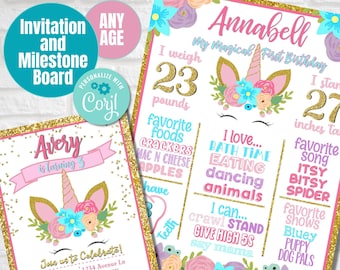 May include: A printable unicorn-themed first birthday milestone board with a pink and gold glitter background. The board features a unicorn with a pink horn and a floral crown. The board includes information about the child's age, weight, height, favourite foods, and activities. The text "Annabell My Magical First Birthday" is at the top of the board.