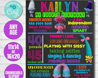 Trolls Birthday Milestone Chalkboard Poster DIGITAL FILE
