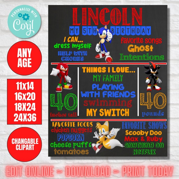 Sonic the Hedgehog Birthday Milestone Chalkboard Poster DIGITAL FILE