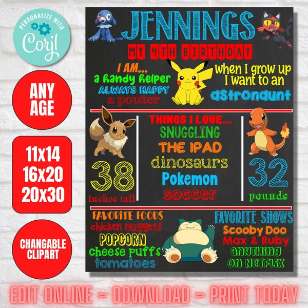 Pokemon Birthday Milestone Chalkboard Poster DIGITAL FILE