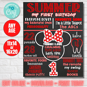 Red Minnie Mouse Birthday Chalkboard Poster DIGITAL FILE Daisy