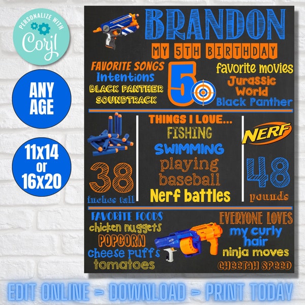 Nerf Birthday Milestone Chalkboard Poster DIGITAL FILE