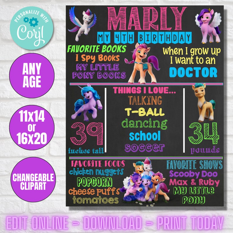 My Little Pony New Generation Milestone Birthday Chalkboard Poster DIGITAL FILE image 2