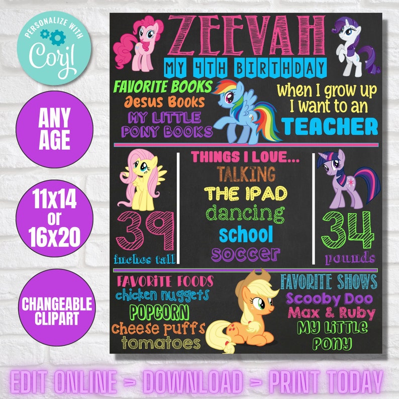 My Little Pony New Generation Milestone Birthday Chalkboard Poster DIGITAL FILE image 1