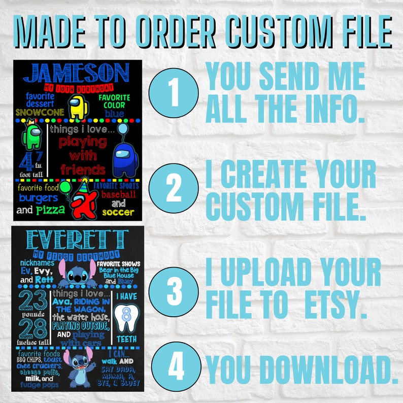 May include: A digital file for a custom birthday sign featuring a blue and black character from the video game Among Us. The sign includes the name "Jameson" and details about the birthday person's favorite things, such as their favorite color, dessert, and sports. The sign also includes the text "Made to Order Custom File" and a four-step process for ordering the file.