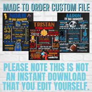 May include: Three colorful chalkboard style birthday posters for boys. Each poster features a different boy's name, age, and interests. The posters are decorated with cartoon characters, sports logos, and other fun graphics. The text on the posters includes the boy's name, age, favorite things, and other personal details.  The posters are perfect for a birthday party or as a special gift for a boy.