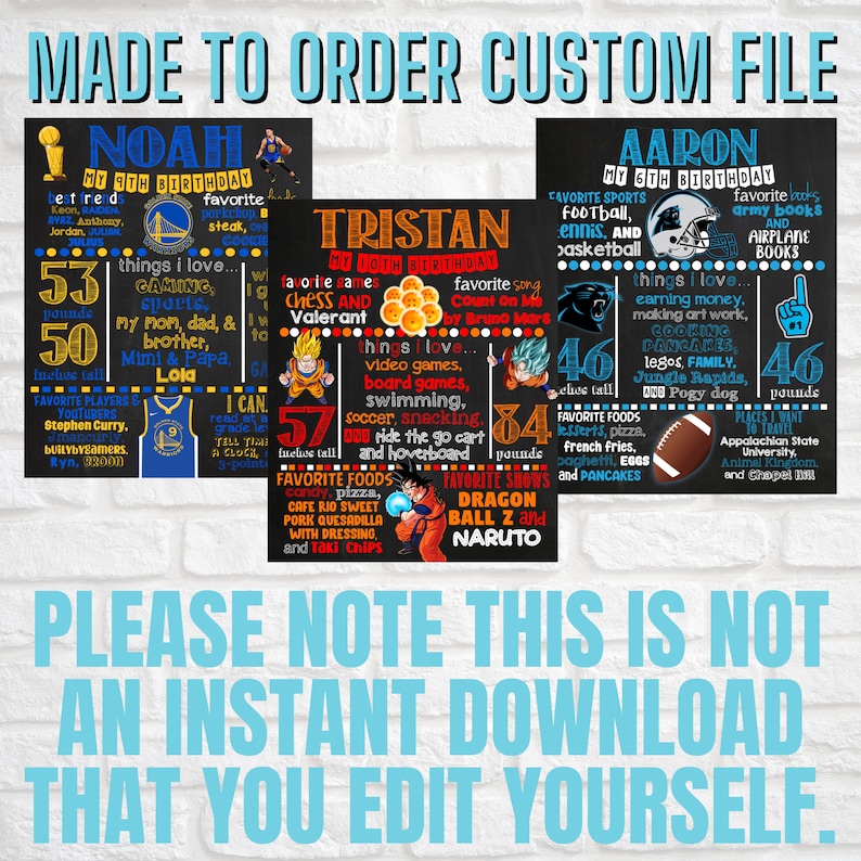 May include: Three colorful chalkboard style birthday posters for boys. Each poster features a different boy's name, age, and interests. The posters are decorated with cartoon characters, sports logos, and other fun graphics. The text on the posters includes the boy's name, age, favorite things, and other personal details.  The posters are perfect for a birthday party or as a special gift for a boy.