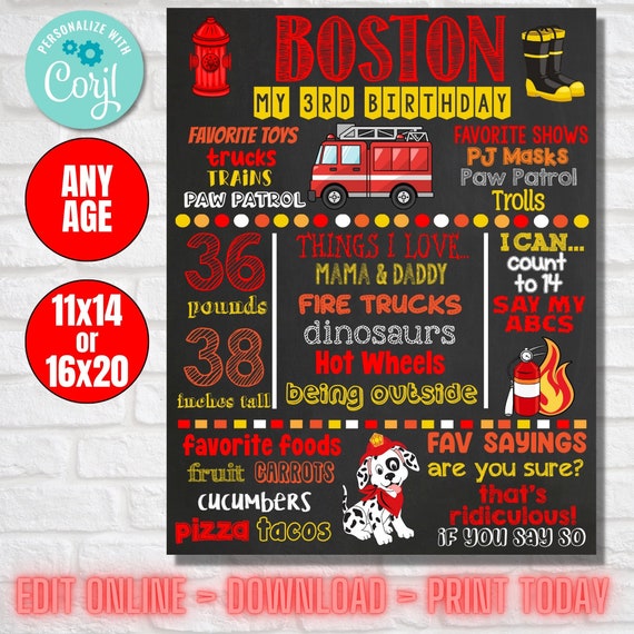 Firefighter Fire Truck Birthday Chalkboard Poster DIGITAL FILE