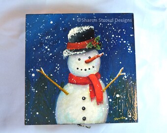 Happy Snowman Box, 7x7 Wooden Christmas Box, Wood Gift Box