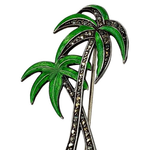 Vintage sale Palm Tree Brooch - Sterling Silver - Green Enamel with Glistening Marcasites - Made in USA - Locking Clasp