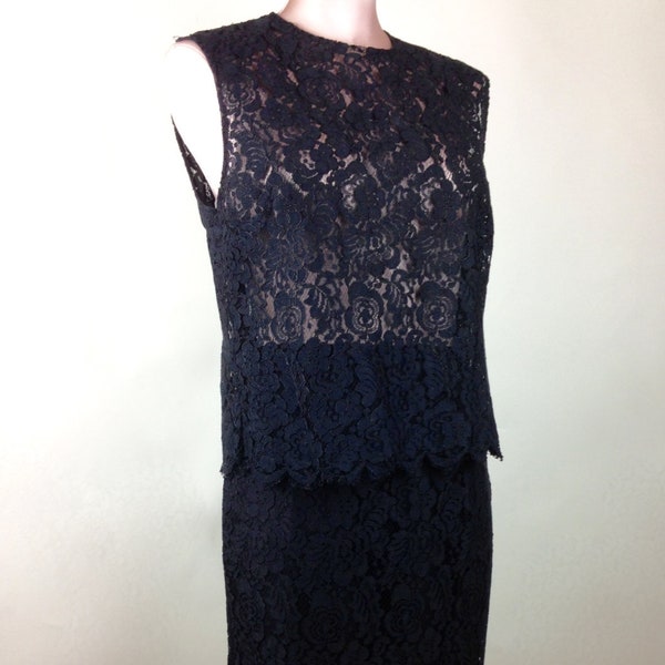 EARLY 1960's LACE 2 Piece Sleeveless Suit in Black Lace/ Sheer Lace Top/ Lined Skirt / Size Medium. Excellent Condition.