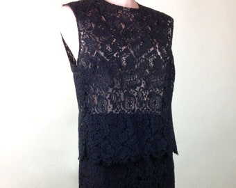 EARLY 1960's LACE 2 Piece Sleeveless Suit in Black Lace/ Sheer Lace Top/ Lined Skirt / Size Medium. Excellent Condition.