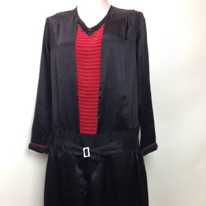 Authentic 1920&#39;s Silk Satin Dress - Drop Waist - Red Silk Chiffon Pleated Inset - Great Gatsby Style - Women&#39;s Size Small