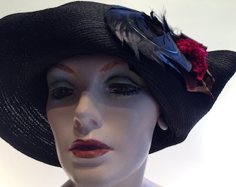 1920s Pink and Black Silk Velvet Feather Hat - Etsy display picture 3