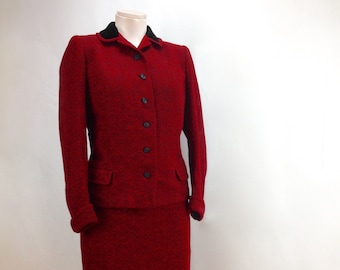 1950's Red Flecked Suit - 2 Piece - All Wool - HAROLD MINNEAPOLIS - Velvet Collar Detail - Size Small