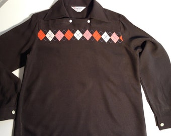 1950's Argyle Shirt - Rayon Pull-Over - Chocolate, Pink, Orange & White Diamonds - DEADSTOCK - NOS - Men's Size X-SMALL
