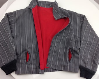 1960'S Cotton Zip Jacket - Flecked Striped - RED Cotton Lining - Metal Talon Zipper - Zip Pockets & Knit Cuffs - Size Small